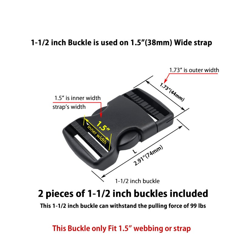 Baitoo Side Release Buckles 1 1/2 Inch Heavy Duty Dual Adjustable Plastic Buckle Snaps Clips 1.5 Inch Backpack Belt Buckle Replacement 2 Packs - Image 3